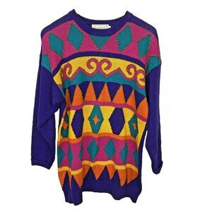 Vintage 90's Sweater Womens Size Large Colorblock Geometric Colorful Pullover